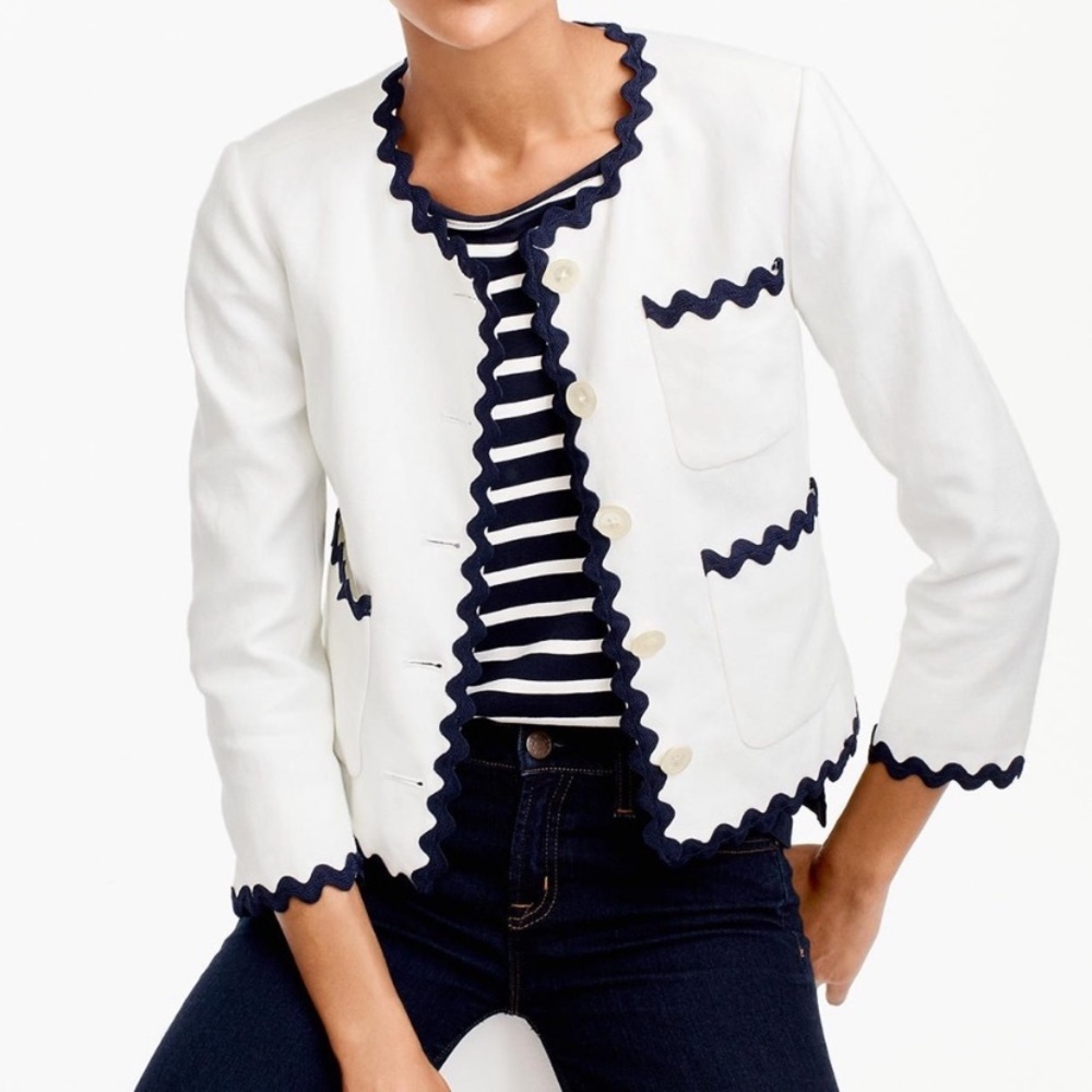 J.Crew white linen blazer with navy rick rack trim